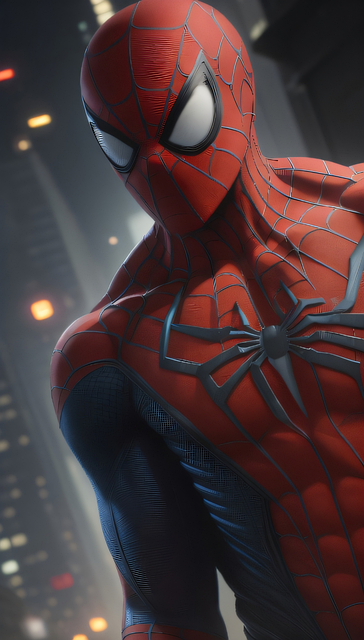 Ilustração realista do Homem-Aranha em traje vermelho e azul, com teias no uniforme e símbolo da aranha no peito, em uma cidade iluminada à noite.